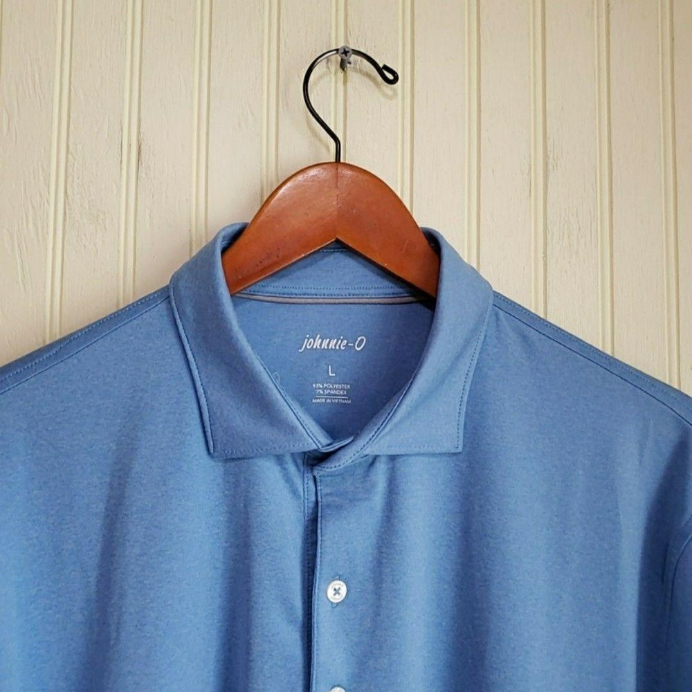 Johnnie-O‎ Polo Shirt Mens L Blue Solid Stretch National Guard MS Logo Top